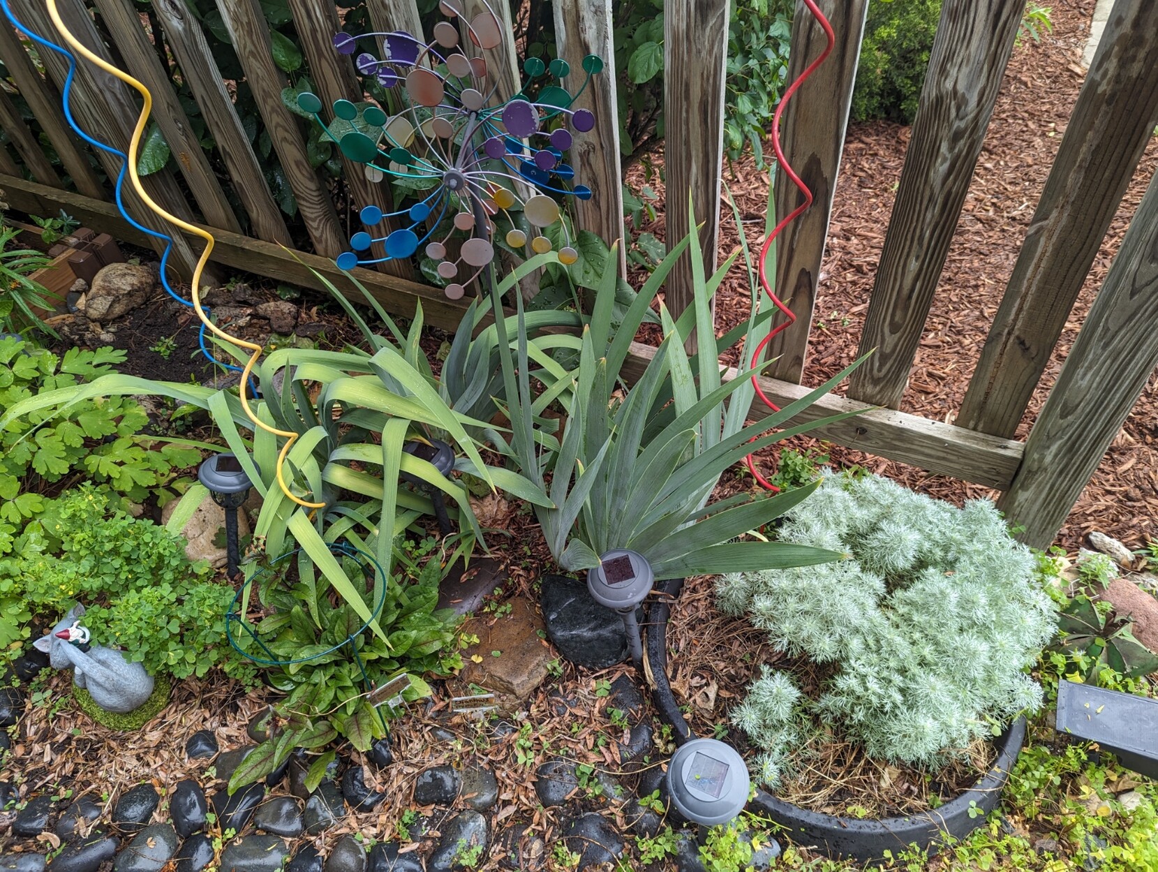 Right corner of my garden. The kitty/gnome statue from the previous photo is in the middle-left of this picture. There are three spiral poles (red, yellow, blue) that I use for accessibility, and many rocks. I like rocks. Plants include: the stubborn <br />irises that don't want to bloom & a short, silver-green fuzzy bush. There is another plant that has spiky, red-veined leaves & some clover.