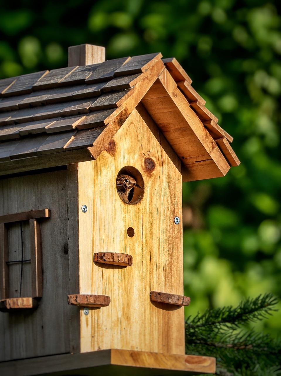 A small bird peeks through a birdhouse