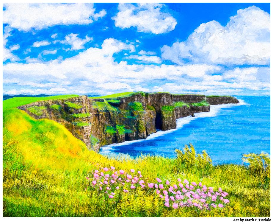 Color landscape art overlooking the ocean from a sweeping grassy landscape perched on the top of cliffs that stand high over the water below. In the foreground small wildflowers are peeking through the grass and the sky overhead is blue with fluffy white clouds.