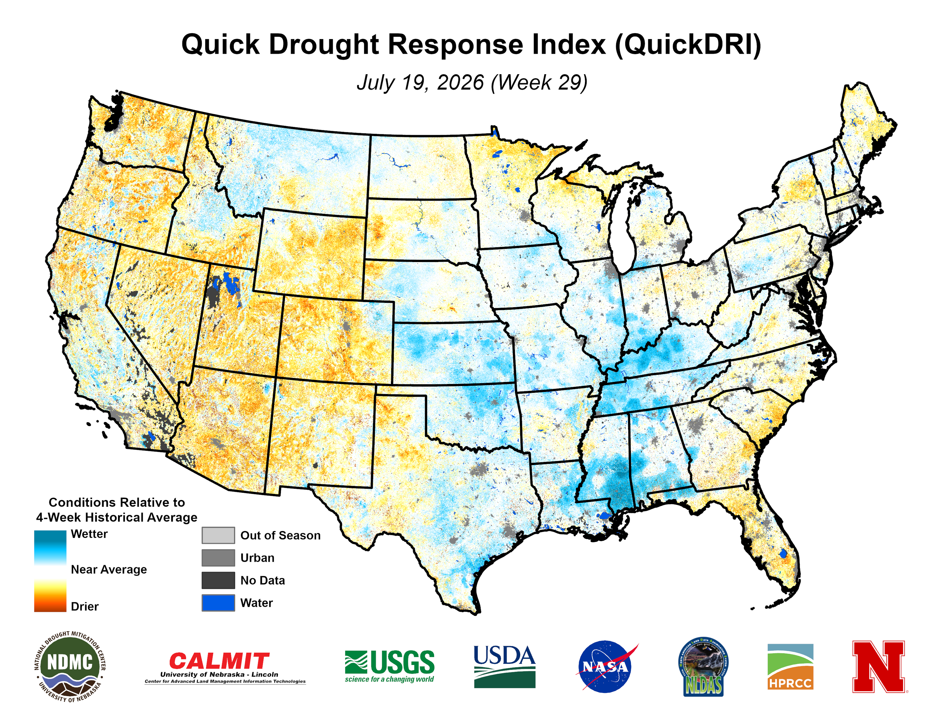 The Quick Drought Response Index (QuickDRI) is a
shorter-term indicator of dryness. It is calculated through
the analysis of satellite- and model-based observations of
conditions that influence drought.
QuickDRI is designed to provide a snapshot of
anomalously dry or wet conditions over the past 4 weeks
and serves as an indicator of emerging or rapidly changing
drought conditions.
The maps are updated weekly over the continental United
States and have a 1-kilometer spatial resolution.